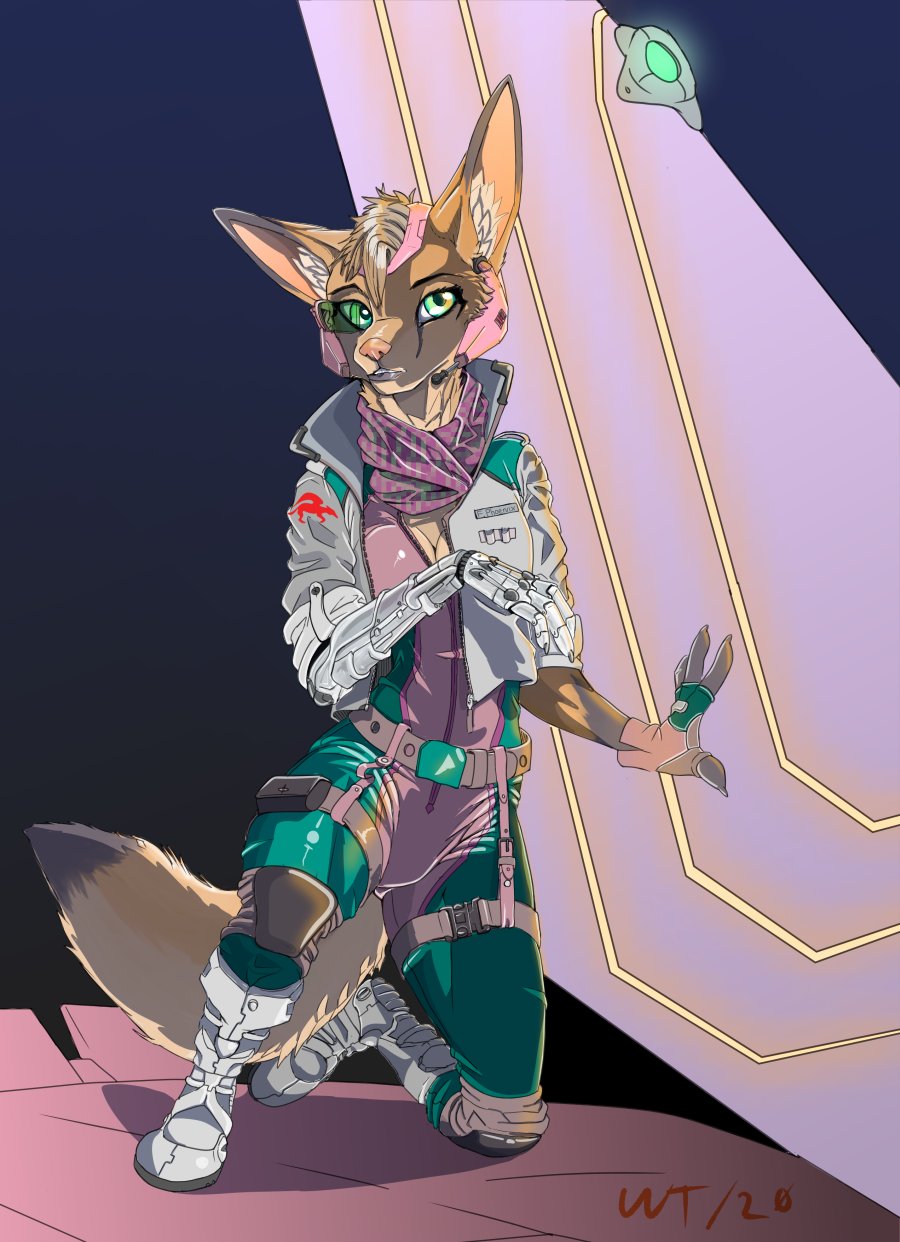 anthro breasts canid canine cleavage clothed clothing dipstick_tail fara_phoenix female fennec flight_suit fox gloves handwear headgear headphones headset hi_res jacket kneeling mammal multicolored_tail nintendo prosthetic prosthetic_arm prosthetic_limb signature solo star_fox topwear video_games wrenchthrower
