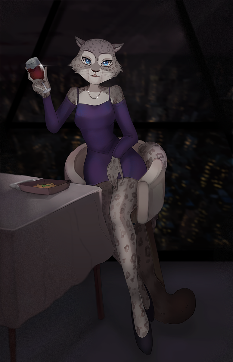 alcohol anthro beverage city clothing detailed_background dinner disney dress fabienne_growley felid feline female food furniture hi_res hiroside_(artist) jewelry mammal necklace pantherine snow_leopard solo table window wine zootopia
