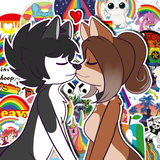 &lt;3 1:1 anthro asurakitsune black_body black_fur black_hair blue_eyes brown_body brown_fur canid canine canis collar domestic_dog duo emo_hair emo_haircut eyes_closed facial_piercing female fur hair hand_holding herding_dog husky kissing lgbt_pride male male/female mammal nordic_sled_dog nose_piercing pastoral_dog piercing pride_colors rivey_ravenheart sagezilla spitz telegram_stickers welsh_corgi white_body white_fur