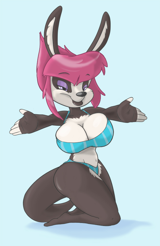 anthro big_breasts bikini black_body black_fur blue_background breasts butt cleavage clothed clothing fan_character female fur half-closed_eyes jak_and_daxter joelasko kneeling looking_at_viewer mammal multicolored_body multicolored_fur mustelid narrowed_eyes naughty_dog navel ottsel simple_background skimpy smile solo sony_corporation sony_interactive_entertainment sushi_(nitro) swimwear two_tone_body two_tone_fur video_games white_body white_fur