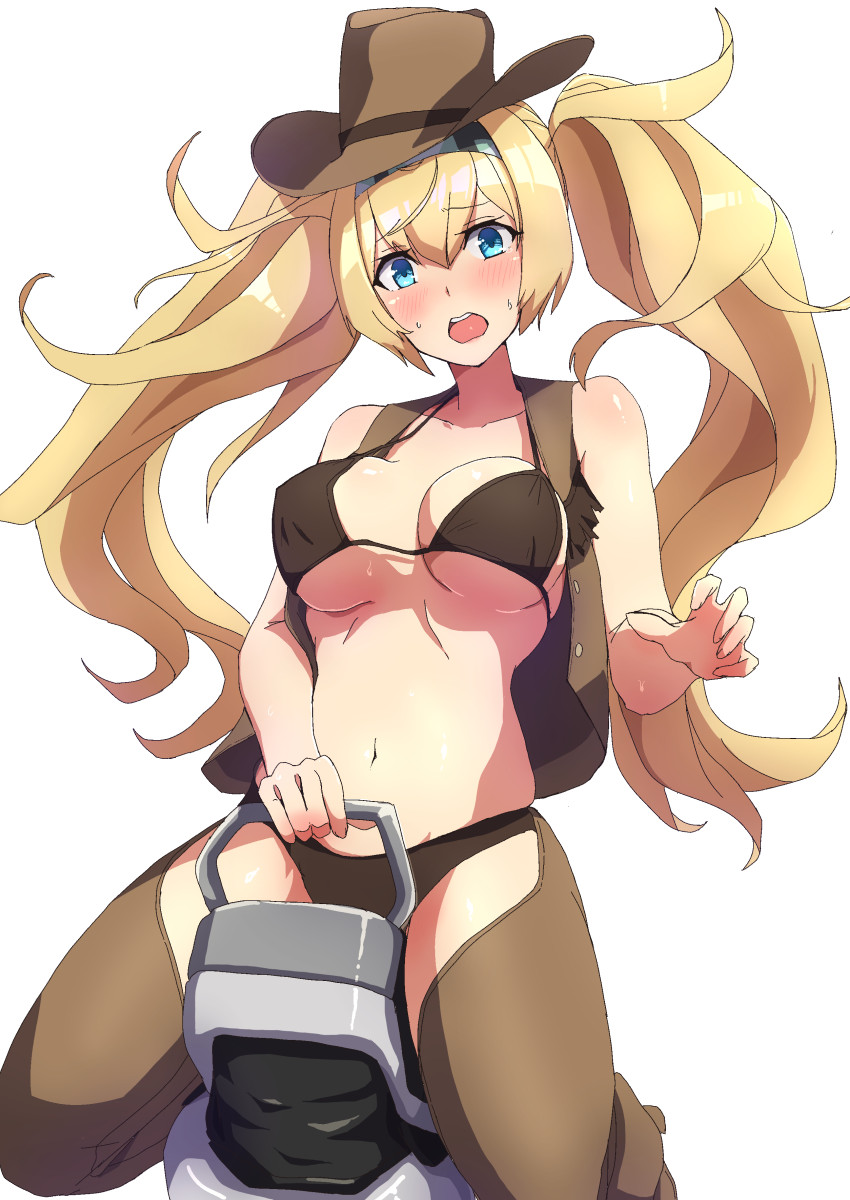 1girl alternate_costume bikini bikini_top blonde_hair blue_eyes blush breasts brown_vest chaps comala_(komma_la) cowboy_hat gambier_bay_(kantai_collection) hair_between_eyes hairband hat highres kantai_collection large_breasts long_hair open_mouth riding_machine simple_background sitting solo sweat swimsuit twintails vest western white_background