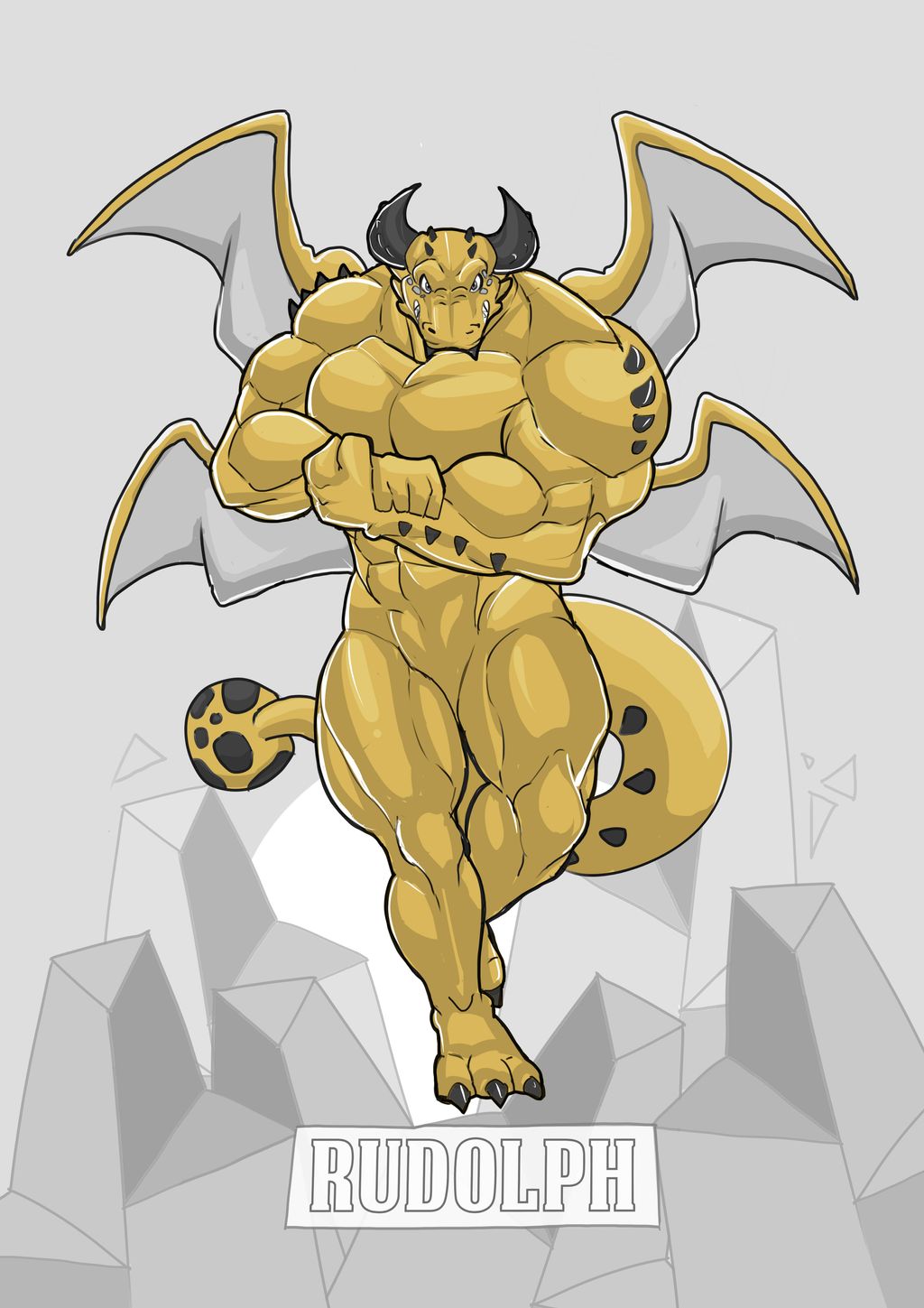 4_wings anthro better_version_at_source big_muscles blue_dragon_(series) chirros dragon dragon_tail flexing hi_res horn huge_muscles male multi_wing muscular muscular_anthro muscular_male pecs pose rudolph_(blue_dragon) scalie solo spikes teeth wings yellow_body