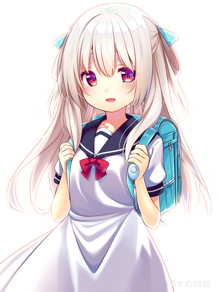 1girl backpack bag blue_backpack child commentary_request crime_prevention_buzzer dress long_hair open_mouth original randoseru red_eyes ribbon sailor_collar school_uniform short_sleeves silver_hair simple_background smile solo two_side_up upper_body usume_shirou white_background white_dress
