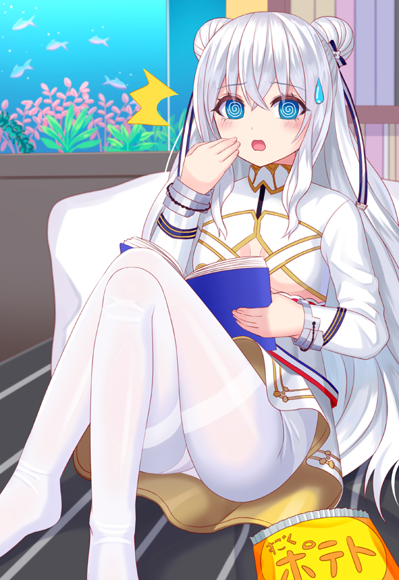 +_+ /\/\/\ 1girl @_@ air_bubble ass azur_lane bangs bed blue_eyes blush book breasts bubble chips crossed_legs double_bun dress eyebrows_visible_through_hair fish fish_tank food glass hair_between_eyes hair_ribbon hand_to_own_mouth hand_up holding holding_book knees_up le_malin_(azur_lane) long_hair long_sleeves looking_at_viewer no_shoes on_bed open_mouth pantyhose plant potato_chips revision ribbon sidelocks silver_hair sitting small_breasts solo sweatdrop symbol-shaped_pupils thighband_pantyhose tukino_neru underboob underboob_cutout very_long_hair water white_dress white_legwear