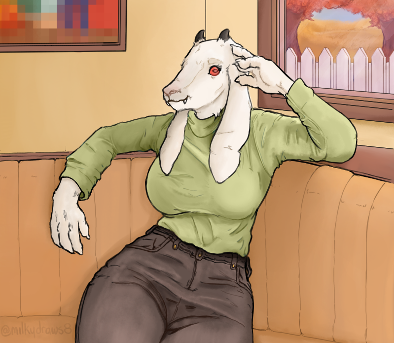 anthro autumn big_breasts boss_monster bottomwear bovid breasts caprine clothed clothing deltarune fangs female fur horizontal_pupils horn jeans lounging mammal milkydraws8 monster pants pupils red_eyes smile solo thick_thighs toriel undertale video_games warm_colors white_body white_fur wide_hips