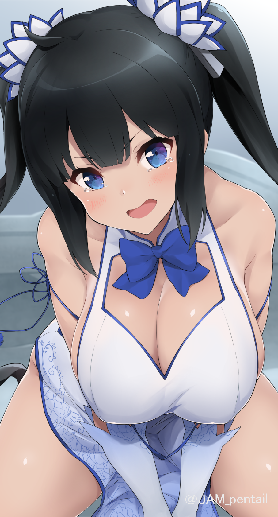 1girl artist_name bangs bare_shoulders black_hair blue_bow blue_eyes blue_neckwear blush bow bowtie breasts cleavage cleavage_cutout collarbone commentary_request crying crying_with_eyes_open dress dungeon_ni_deai_wo_motomeru_no_wa_machigatteiru_darou_ka elbow_gloves eyebrows_visible_through_hair gloves hair_ribbon head_tilt hestia_(danmachi) highres jampen large_breasts leaning_forward long_hair looking_at_viewer open_mouth rei_no_himo ribbon sidelocks sitting sleeveless sleeveless_dress solo tears thighs twintails twitter_username wariza white_dress white_gloves white_ribbon