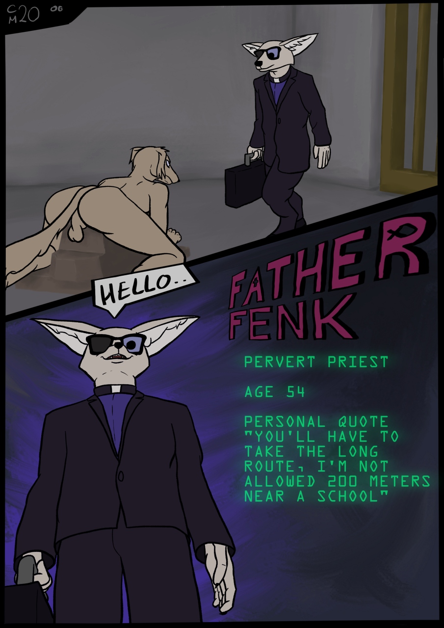 anthro balls bdsm bondage bound briefcase canid canine canis clothed clothing comic dialogue domestic_dog duo eyewear fennec fox game_show genitals glasses hi_res imminent_rape male male/male mammal nude oldgreg priest speech_bubble suit text