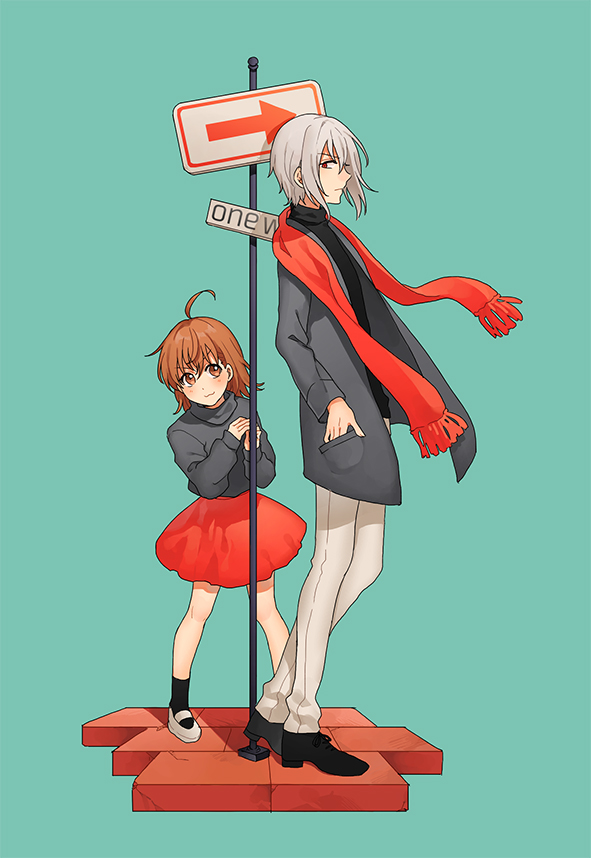 1boy 1girl accelerator ahoge bangs black_footwear black_legwear black_sweater blue_background brown_eyes brown_hair coat full_body grey_coat hair_between_eyes last_order looking_at_viewer mary_janes medium_hair miniskirt open_clothes open_coat pants profile red_scarf red_skirt road_sign scarf shiny shiny_hair shoes sign silver_hair simple_background skirt sweater to_aru_majutsu_no_index turtleneck turtleneck_sweater white_footwear white_pants zarutsu