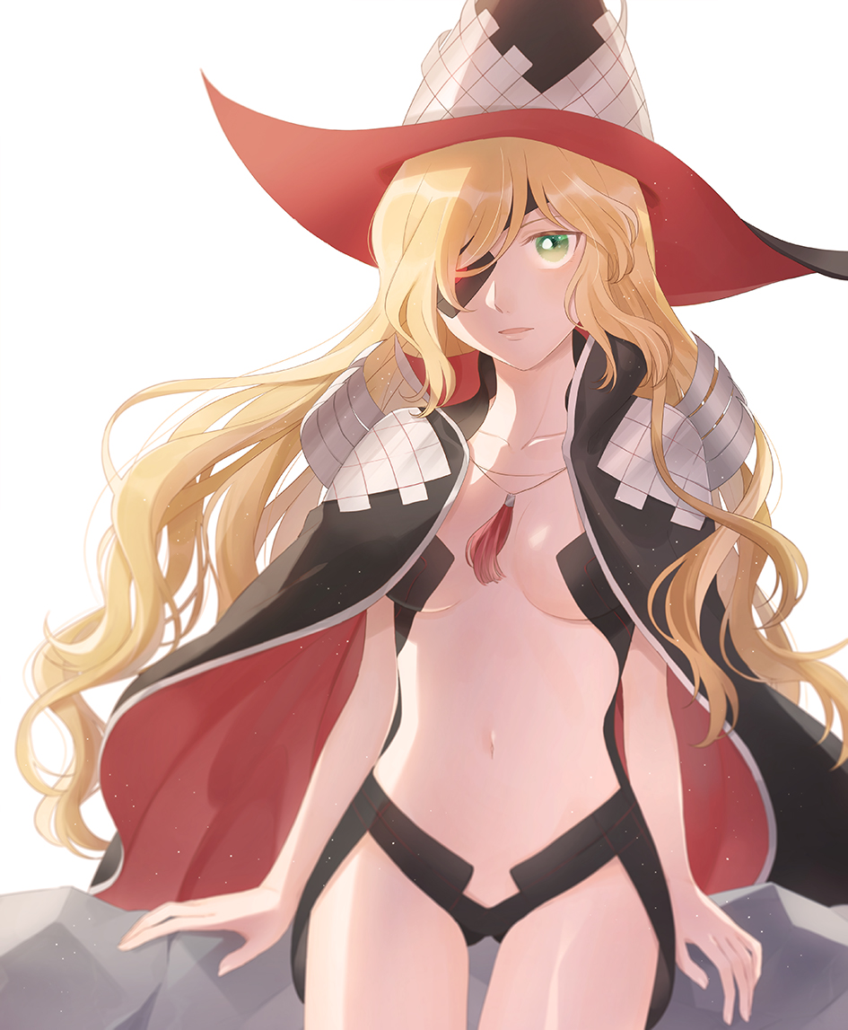1girl ass_visible_through_thighs black_cape blonde_hair breasts cape cleavage collarbone cowboy_shot eyepatch floating_hair green_eyes hat long_hair looking_at_viewer medium_breasts navel open_mouth othinus shiny shiny_hair shiny_skin simple_background solo standing thigh_gap to_aru_majutsu_no_index very_long_hair white_background witch_hat zarutsu