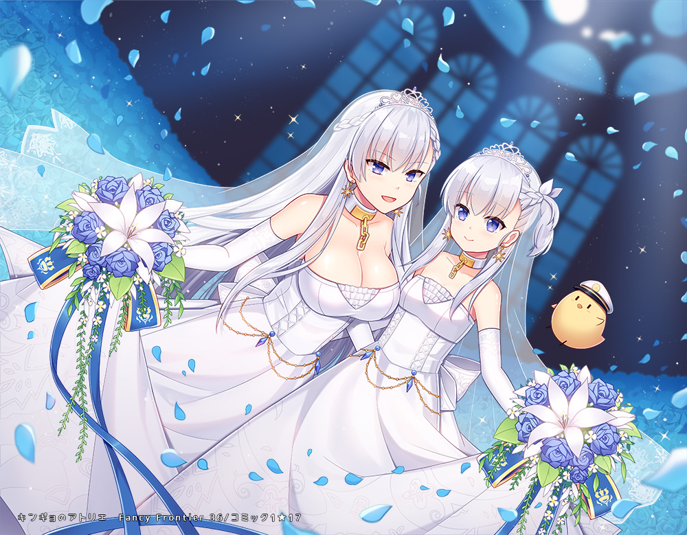 2girls :d azur_lane bangs bare_shoulders belchan_(azur_lane) belfast_(azur_lane) belfast_(claddagh_ring's_vow)_(azur_lane) bouquet braid breasts bridal_veil bride chain cleavage dress elbow_gloves eyebrows_visible_through_hair falling_petals flower french_braid gloves gold gold_chain hat holding holding_bouquet indoors large_breasts long_hair manjuu_(azur_lane) military_hat multiple_girls open_mouth photoshop_(medium) purple_eyes sidelocks silver_collar silver_hair smile standing strapless strapless_dress tiara tsouchinyu veil wedding wedding_dress white_dress window