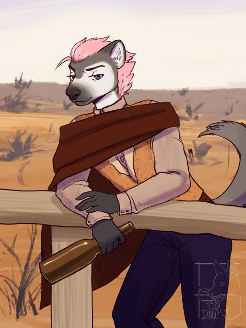 alcohol ambrose_stark anthro beverage blue_eyes clothed clothing cowboy_outfit fur grey_body grey_fur hair hyaenid looking_at_viewer male mammal pink_hair solo spotted_hyena thisdingo