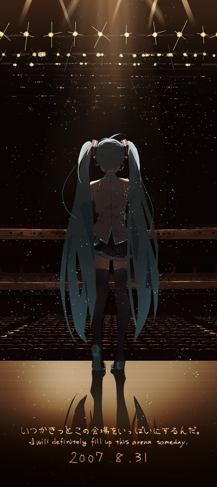 1girl agas_(vpwt7475) ahoge aqua_hair back boots commentary dated earphones elbow_gloves empty english_text facing_away gloves hair_ornament hatsune_miku highres long_hair long_image miniskirt pleated_skirt seat shadow skirt sparkle stadium stage stage_lights standing tall_image thigh_boots thighhighs twintails very_long_hair vocaloid