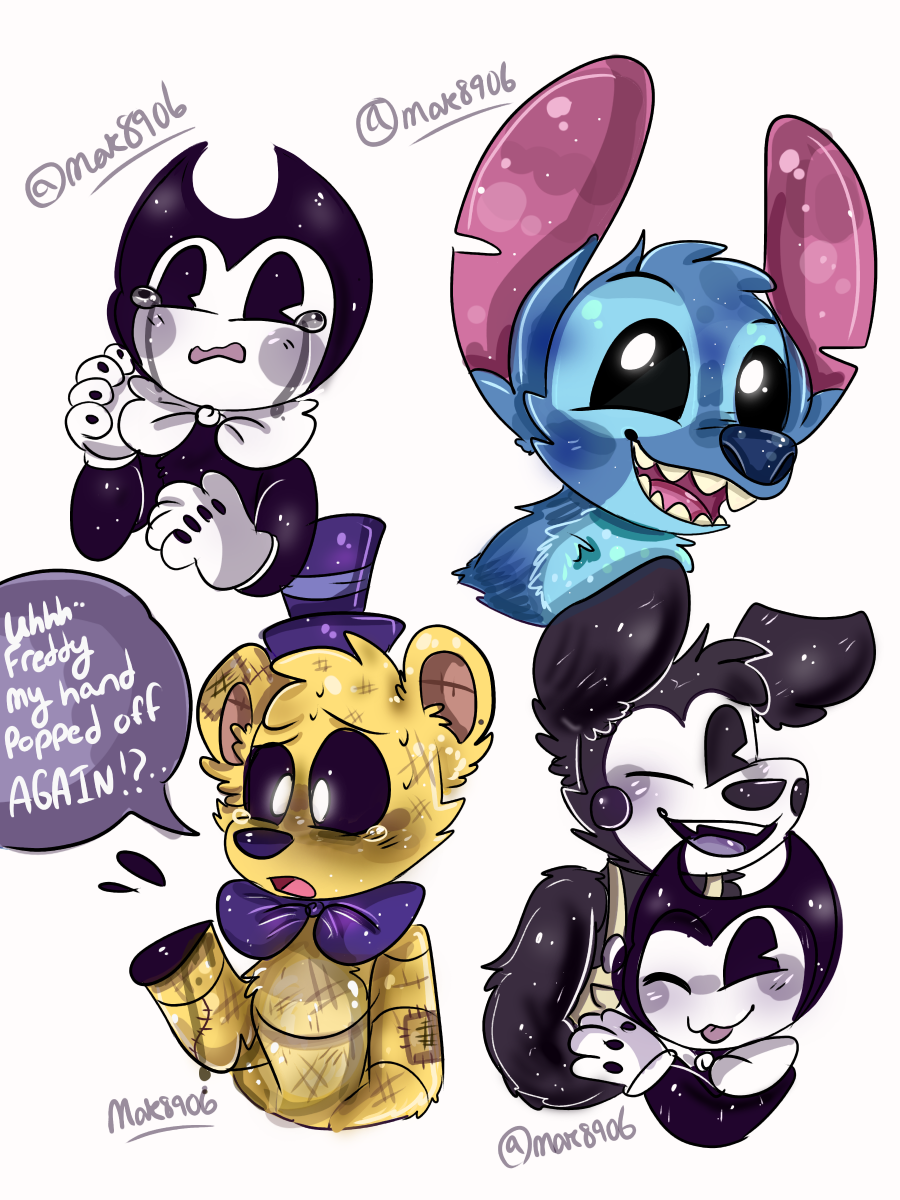 2019 3:4 alien animatronic anthro bendy_and_the_ink_machine bendy_the_dancing_demon black_body black_eyes black_fur black_nose black_sclera blue_body blue_fur blue_nose blush bodily_fluids boris_the_friendly_wolf bow canid canine canis clothing colored_sketch crying demon disney experiment_(lilo_and_stitch) five_nights_at_freddy's fur gloves golden_freddy_(fnaf) handwear happy hat head_tuft headgear headwear hi_res imp inner_ear_fluff lilo_and_stitch machine mak8906 mammal notched_ear pink_inner_ear robot semi-anthro sharp_teeth smile stitch_(lilo_and_stitch) tears teeth tuft ursid video_games white_eyes wolf