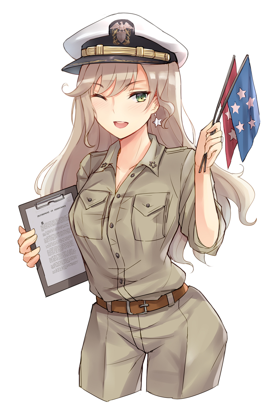 1girl belt blonde_hair blush breasts brown_belt camouflage camouflage_pants camouflage_shirt collarbone earrings eyebrows_visible_through_hair flag green_eyes hat highres holding holding_flag holding_notebook jewelry long_hair looking_at_viewer military military_hat military_uniform missouri_(warship_girls_r) notebook one_eye_closed open_mouth pants solo star_(symbol) star_earrings uniform warship_girls_r white_background yuemanhuaikong