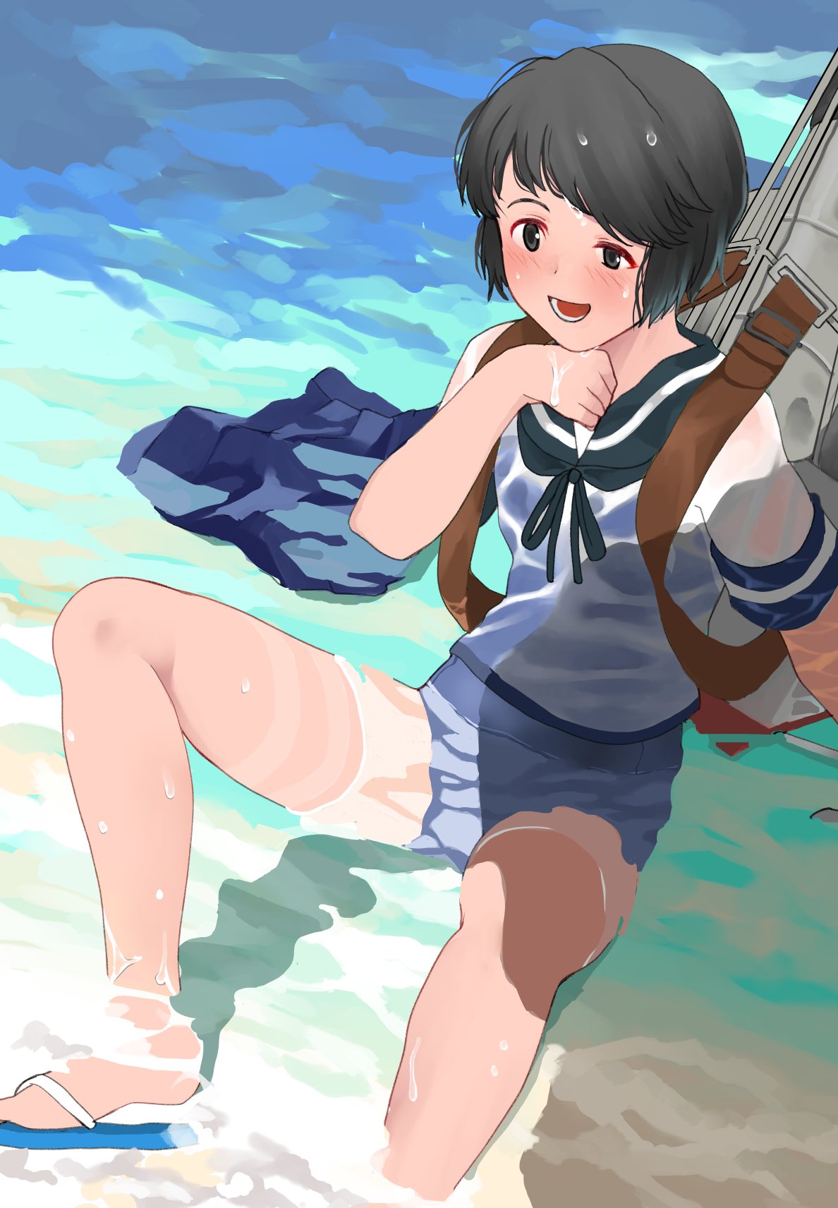 1girl black_hair blue_sailor_collar blue_skirt blue_swimsuit brown_eyes full_body highres kantai_collection machinery miyuki_(kantai_collection) open_mouth partially_submerged sailor_collar school_swimsuit school_uniform serafuku shallow_water short_hair sitting skirt skirt_removed solo swimsuit tooku_nomura_(artist) water wavy_hair