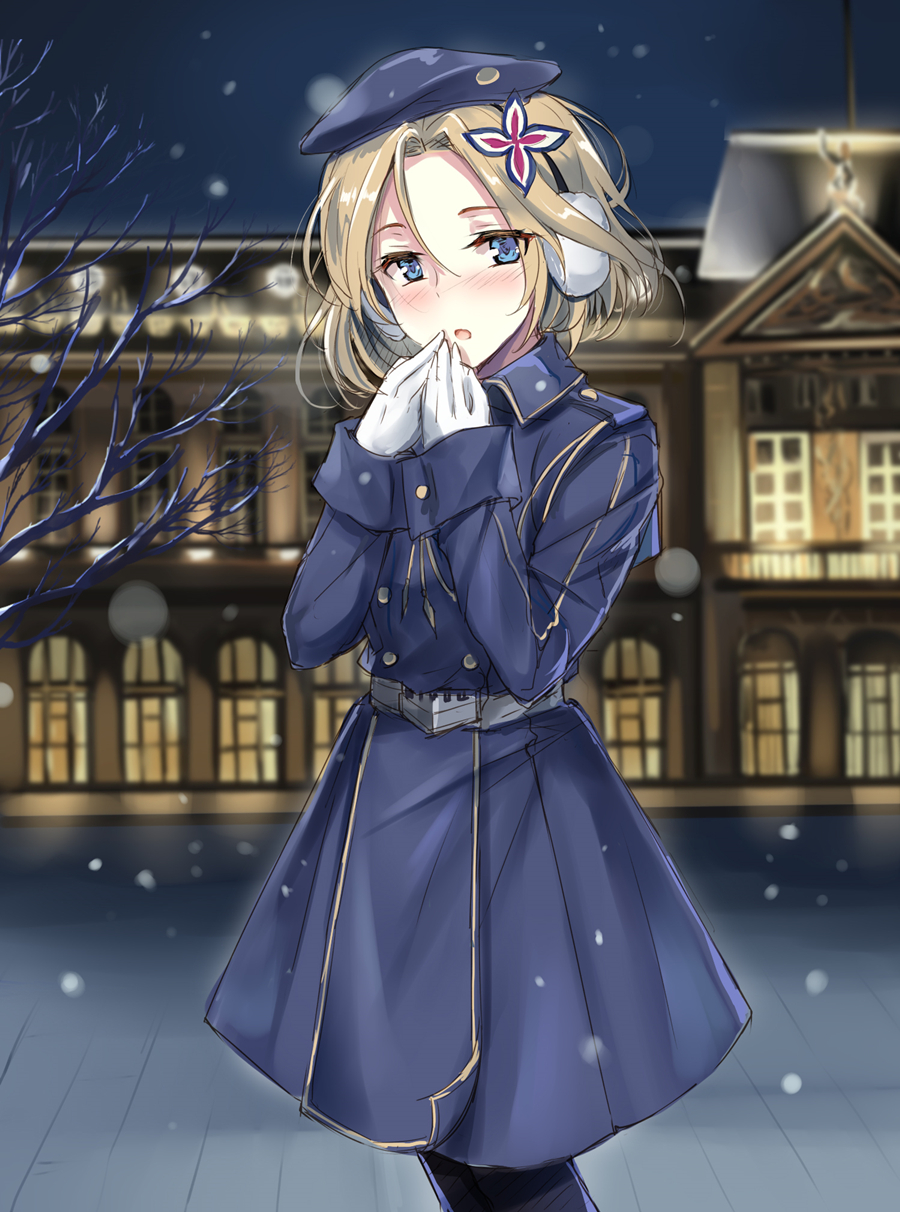 1girl belt beret blonde_hair blue_coat blue_eyes blush character_request coat eyebrows_visible_through_hair gloves hair_ornament hat headphones highres holding_hands looking_at_viewer medium_hair open_eyes open_mouth snowflakes solo star_(symbol) star_hair_ornament warship_girls_r white_gloves winter_clothes winter_coat winter_gloves yuemanhuaikong