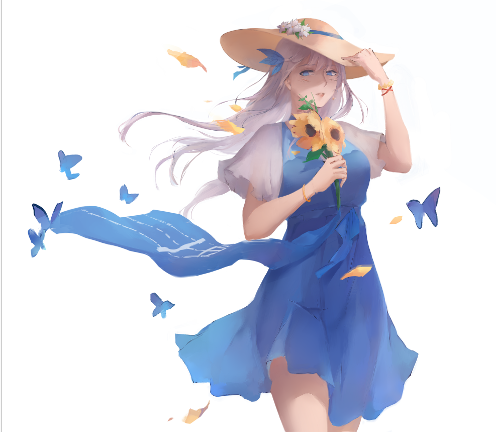 1girl blue_dress blue_eyes closed_mouth dress eyebrows_visible_through_hair flower flower_hat hair_ribbon hand_on_headwear hat holding holding_flower lexington_(warship_girls_r) long_hair looking_at_viewer open_eyes petals ribbon rifu_(643763873) silver_hair solo sun_hat warship_girls_r white_background