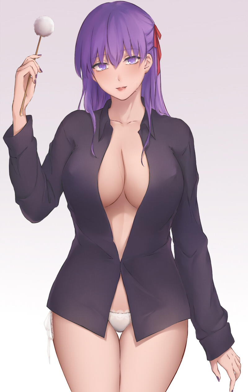 1girl black_shirt breasts cleavage collarbone eyebrows_visible_through_hair fate/stay_night fate_(series) hair_ribbon highres lips long_hair looking_at_viewer matou_sakura medium_breasts mimikaki nail_polish naked_shirt no_bra open_clothes open_eyes open_mouth open_shirt panties purple_eyes purple_hair red_ribbon ribbon rifu_(643763873) shirt simple_background solo standing thighs underwear white_panties