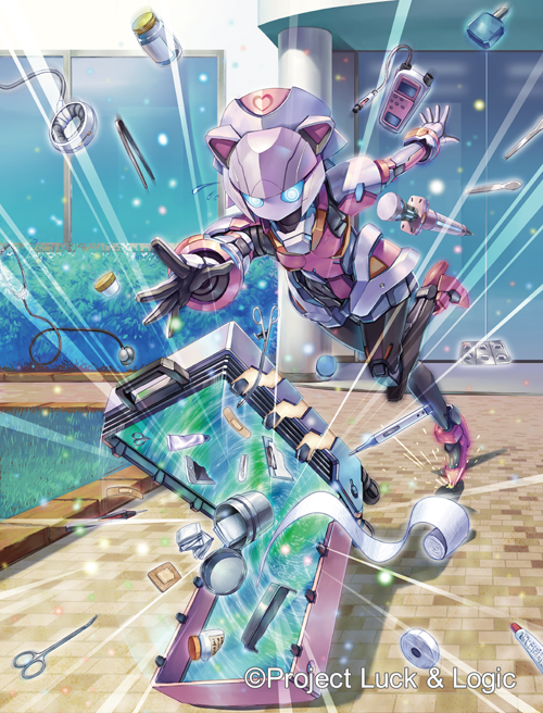 1girl blue_eyes case commentary cure_(luck_&amp;_logic) falling looking_down luck_&amp;_logic mecha official_art open_hands robot solo souto_(0401) syringe trading_card watermark