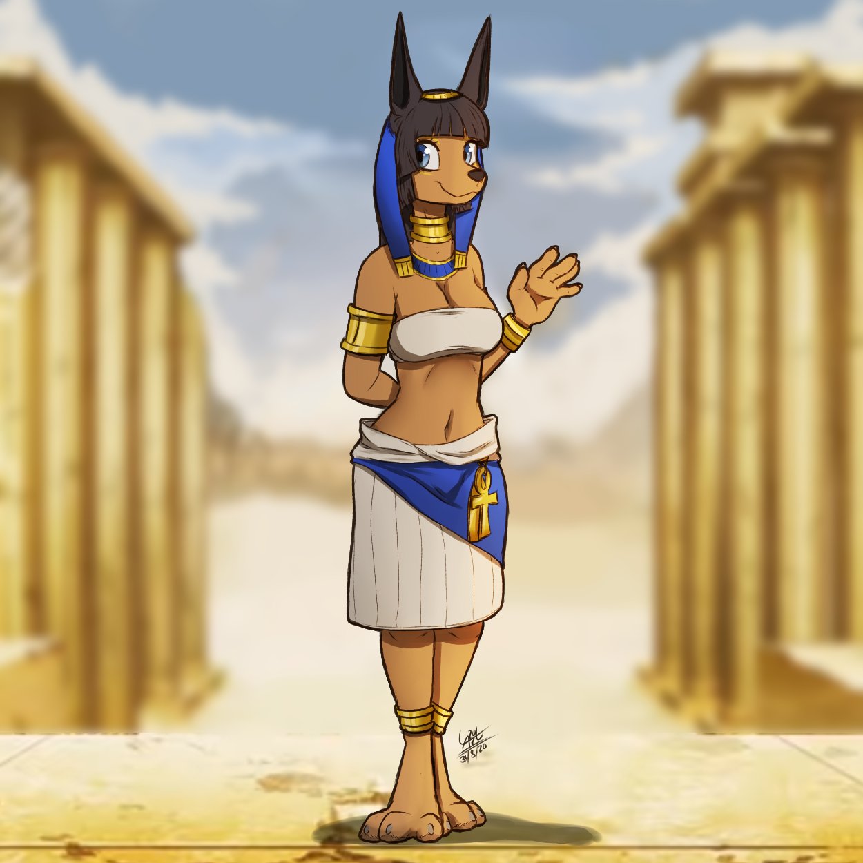 1:1 2020 5_fingers anbs-02 anime ankh anthro black_hair black_nose blue_eyes breasts brown_body brown_fur canid canine canis clothed clothing egyptian female fingers fur gesture hair hi_res jackal jewelry looking_at_viewer louart mammal navel outside pillars smile solo standing toes waving zenonzard