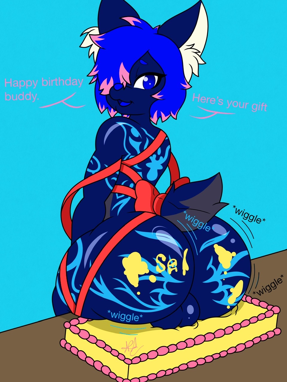 3:4 anthro balls big_balls big_butt birthday birthday_cake blue_body blue_eyes blue_hair butt cake cake_sitting canid canine canis digital_media_(artwork) english_text excited fan_character food food_fetish food_play fur furniture genitals girly hair happy_birthday hi_res huge_butt jiggle looking_at_viewer male mammal markings messy multicolored_hair naughty_face nr_ac nude ribbons shaking shaking_butt simple_background smile solo table text thick_thighs tongue twerking two_tone_hair wiggle wolf