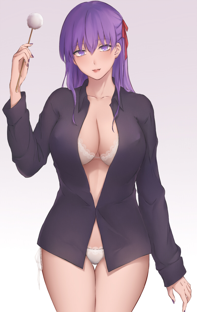 1girl black_shirt bra breasts cleavage collarbone eyebrows_visible_through_hair fate/stay_night fate_(series) hair_ribbon highres lips long_hair looking_at_viewer matou_sakura medium_breasts mimikaki nail_polish open_clothes open_eyes open_mouth open_shirt panties purple_eyes purple_hair red_ribbon ribbon rifu_(643763873) shirt simple_background solo standing thighs underwear white_bra white_panties