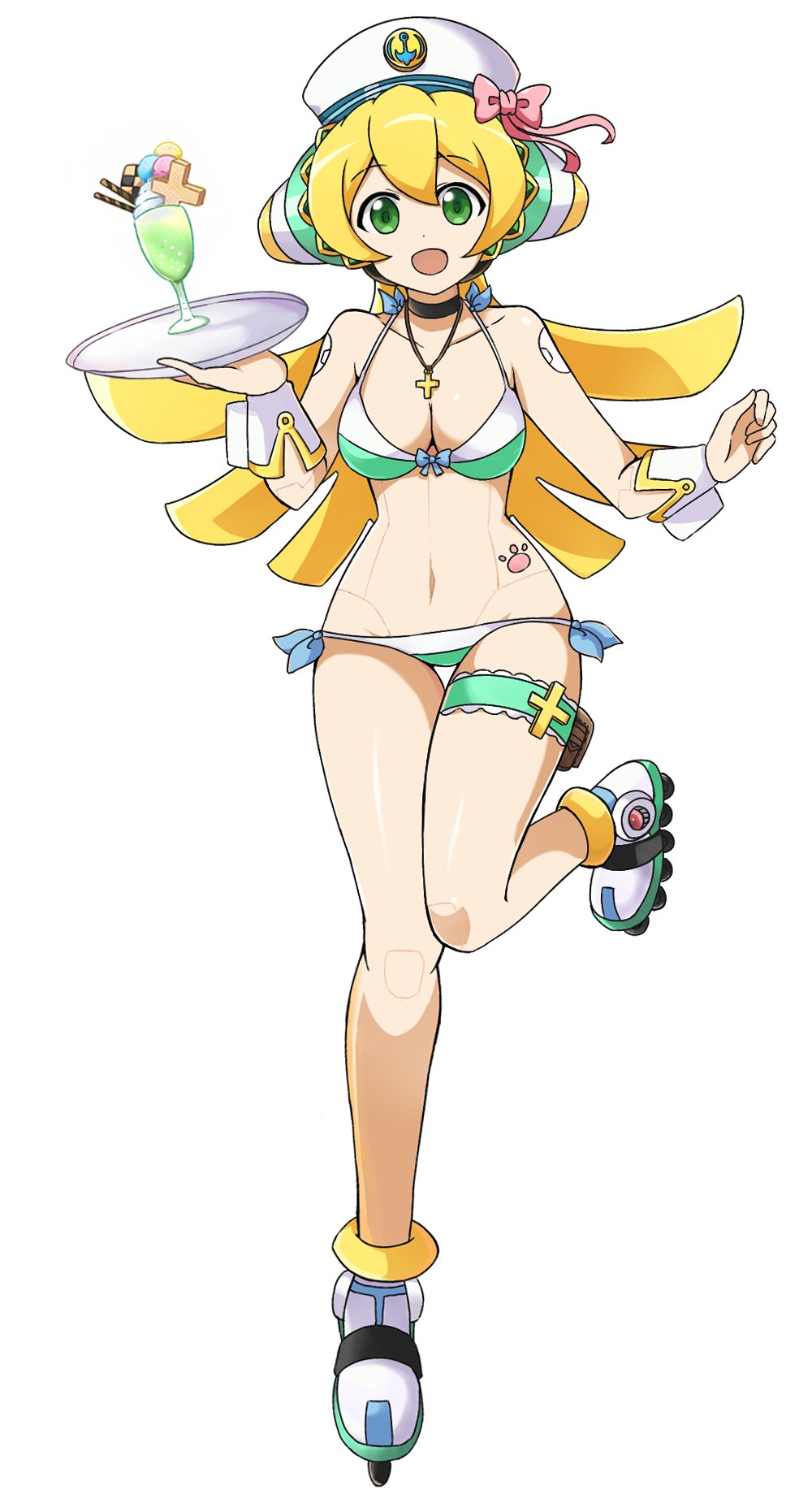 1girl alternate_costume android bikini blonde_hair choker cinnamon cocktail eyebrows_visible_through_hair facing_viewer full_body green_eyes hat highres jewelry leg_up long_hair looking_at_viewer open_mouth pendant plate rockman rockman_x rockman_x_dive roller_skates simple_background skates smile solo swimsuit white_background wrist_cuffs yuri_nozomi