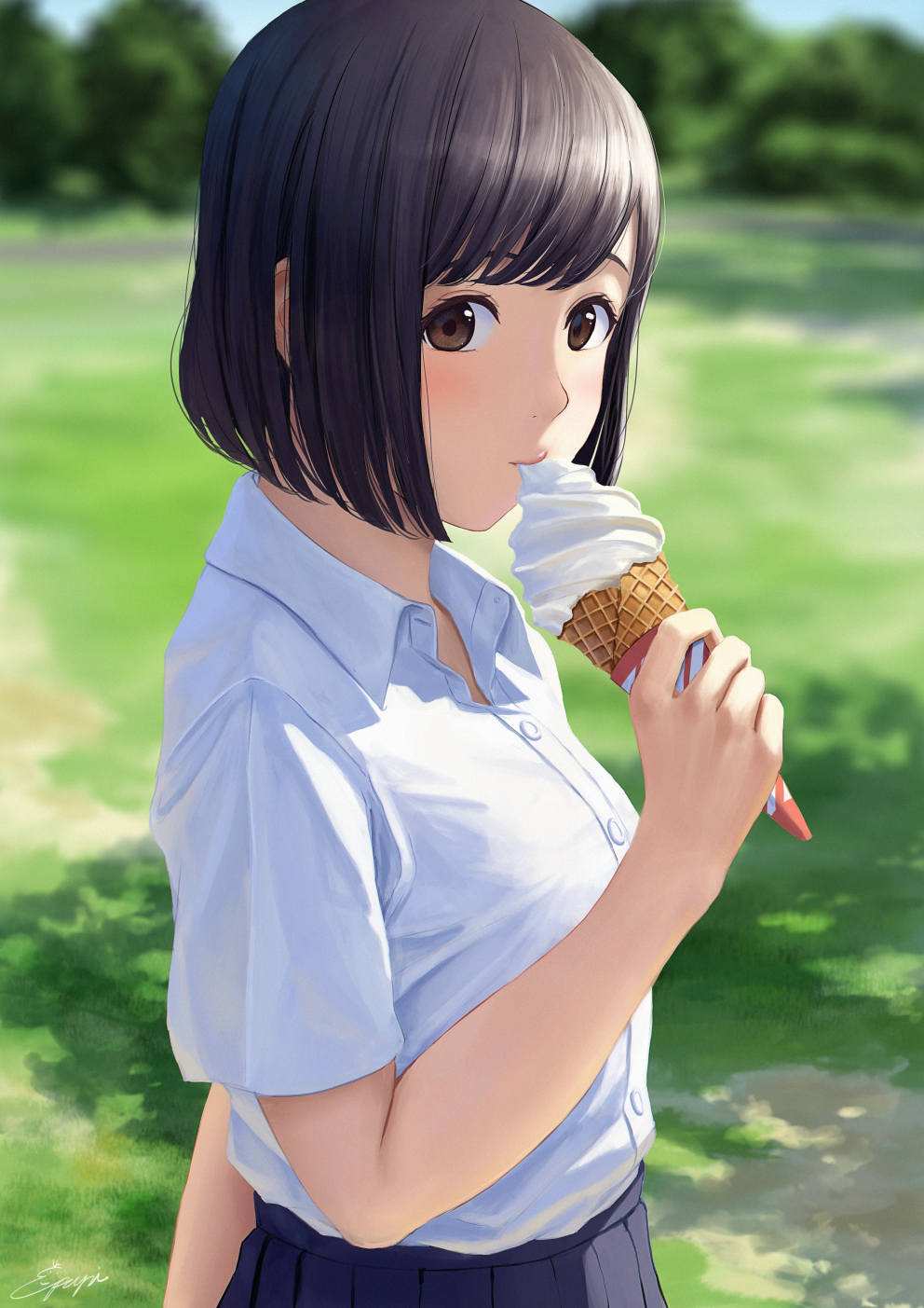 1girl arm_at_side bangs bare_arms black_hair blurry blurry_background blush bob_cut breasts brown_eyes collared_shirt day dress_shirt eating eyelashes food from_side highres holding holding_food ice_cream ice_cream_cone looking_at_viewer original outdoors papi_(papiron100) shirt short_hair short_sleeves skirt soft_serve solo striped swept_bangs upper_body white_shirt wrapper