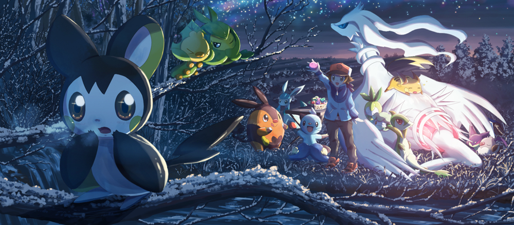 1boy :d arm_up bare_tree baseball_cap breath brown_hair cold collaboration commentary_request cottonee dewott emolga gen_1_pokemon gen_4_pokemon gen_5_pokemon glaceon hat hilbert_(pokemon) holding kokoroko legendary_pokemon night open_mouth outdoors pants petilil pidove pignite pokemon pokemon_(creature) pokemon_(game) pokemon_bw purrloin raichu reshiram servine sewaddle shoes sky smile snow tongue tree yakkun