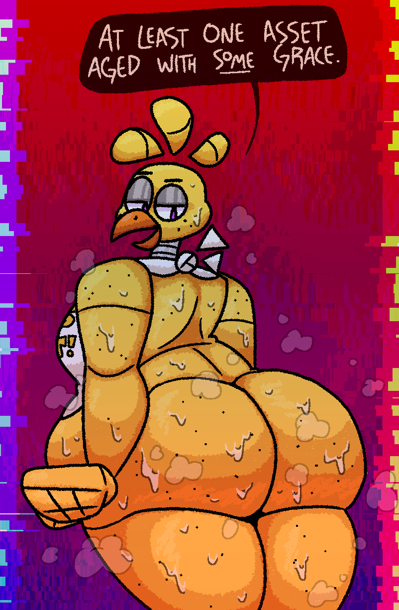2020 animatronic anthro avian beak bib big_butt bird bodily_fluids breasts butt chica_(fnaf) chicken compliment dialogue dialogue_box digital_media_(artwork) english_text female five_nights_at_freddy's galliform gallus_(genus) gradient_background half-closed_eyes hi_res looking_down machine narrowed_eyes non-mammal_breasts phasianid purple_eyes qoolguyart robot side_boob simple_background solo steam sweat tagme talking_to_self text thick_thighs video_games wide_hips yellow_body