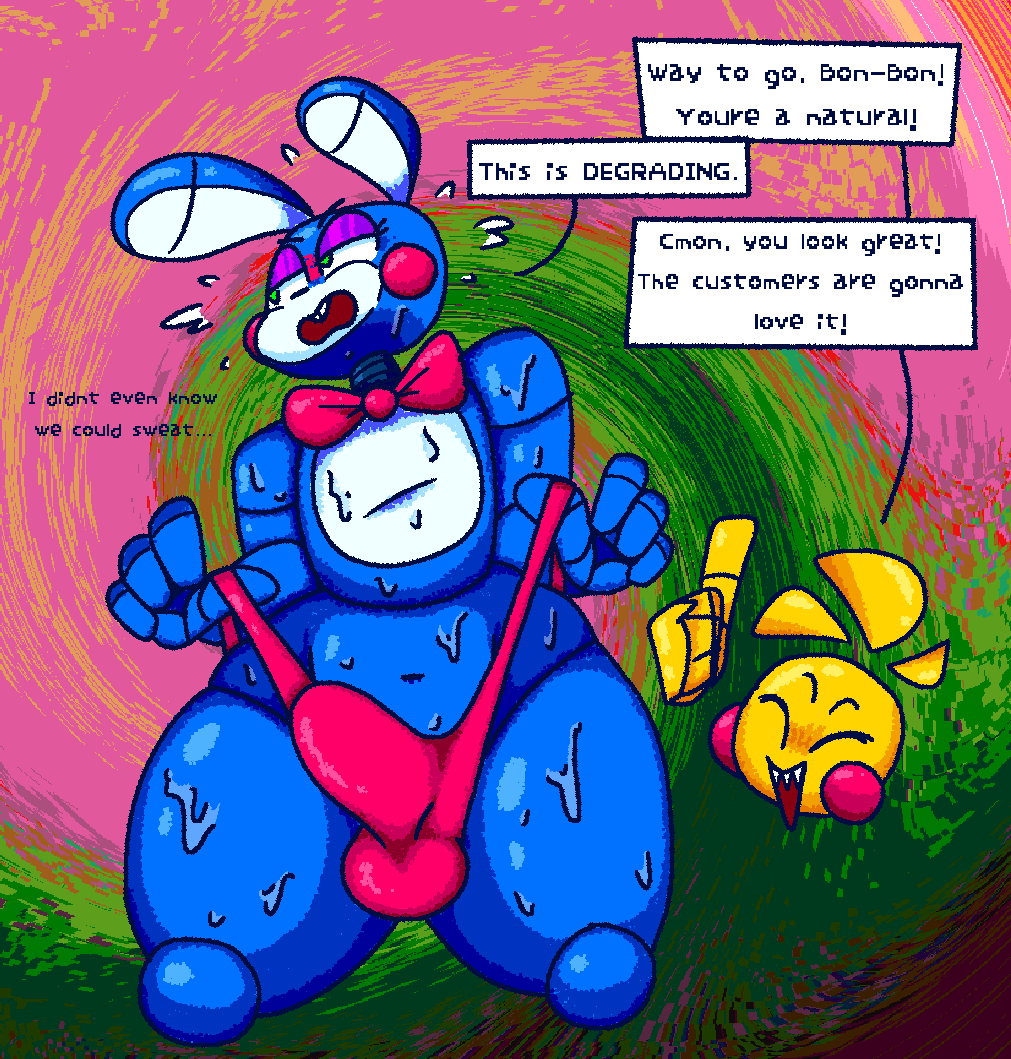 2020 animatronic anthro avian balls beakless bird blue_body blush blush_stickers bodily_fluids bow_tie buckteeth bulge chicken clothed clothing clothing_lift cock_bulge dialogue dialogue_box digital_media_(artwork) disembodied_hand english_text eyes_closed female five_nights_at_freddy's five_nights_at_freddy's_2 galliform gallus_(genus) genitals gesture green_eyes lagomorph leporid looking_away machine male mammal not_furry open_mouth panties phasianid portrait purple_eyelids qoolguyart rabbit robot sharp_teeth smile solo sweat tagme teeth text three-quarter_portrait thumbs_up toy_bonnie_(fnaf) toy_chica_(fnaf) underwear video_games yellow_body