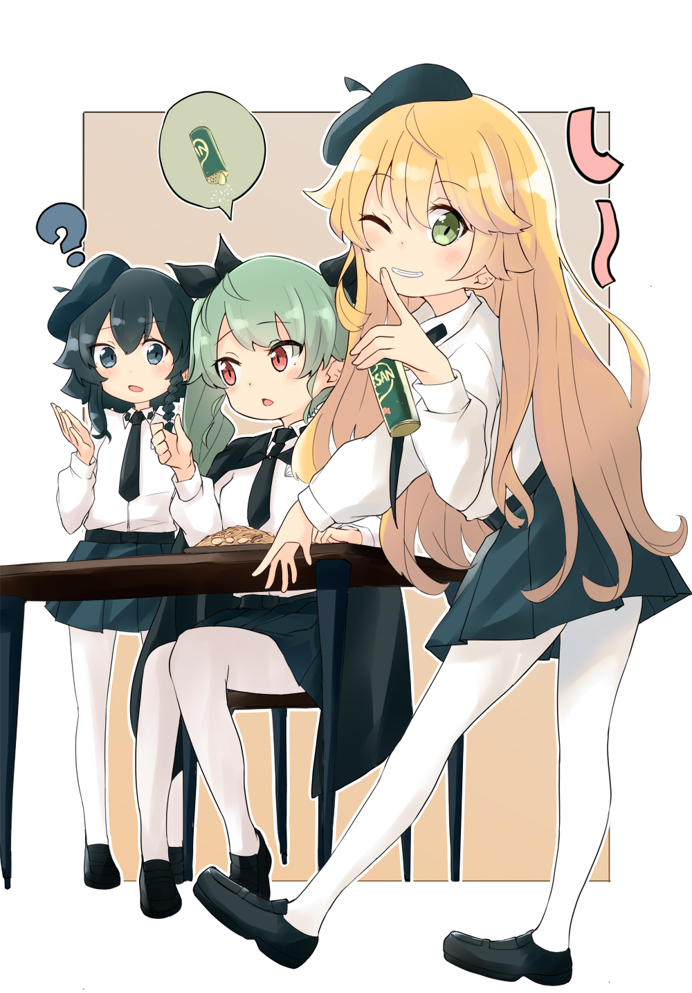 3girls ? anchovy_(girls_und_panzer) anzio_school_uniform bangs barashiya black_border black_cape black_eyes black_footwear black_hair black_neckwear black_skirt blonde_hair border braid brown_background can cape carpaccio_(girls_und_panzer) chair commentary dress_shirt drill_hair finger_to_mouth food from_side girls_und_panzer green_eyes green_hair grin heel_up highres holding holding_can leaning_forward light_frown loafers long_hair long_sleeves looking_at_another looking_at_viewer looking_back miniskirt multiple_girls necktie one_eye_closed open_mouth outline outside_border pantyhose pasta pepperoni_(girls_und_panzer) pleated_skirt red_eyes school_uniform shirt shoes short_hair shushing side_braid sitting skirt smile soda_can speech_bubble standing table twin_drills twintails white_legwear white_outline white_shirt wing_collar