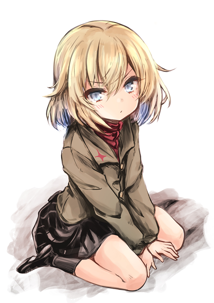 1girl bangs black_footwear black_legwear black_skirt blonde_hair blue_eyes closed_mouth commentary eyebrows_visible_through_hair fang girls_und_panzer green_jacket harino646 insignia jacket katyusha_(girls_und_panzer) light_blush light_frown long_sleeves looking_at_viewer miniskirt pleated_skirt pravda_school_uniform red_shirt school_uniform shirt shoes short_hair simple_background sitting skirt socks solo squatting turtleneck wariza white_background