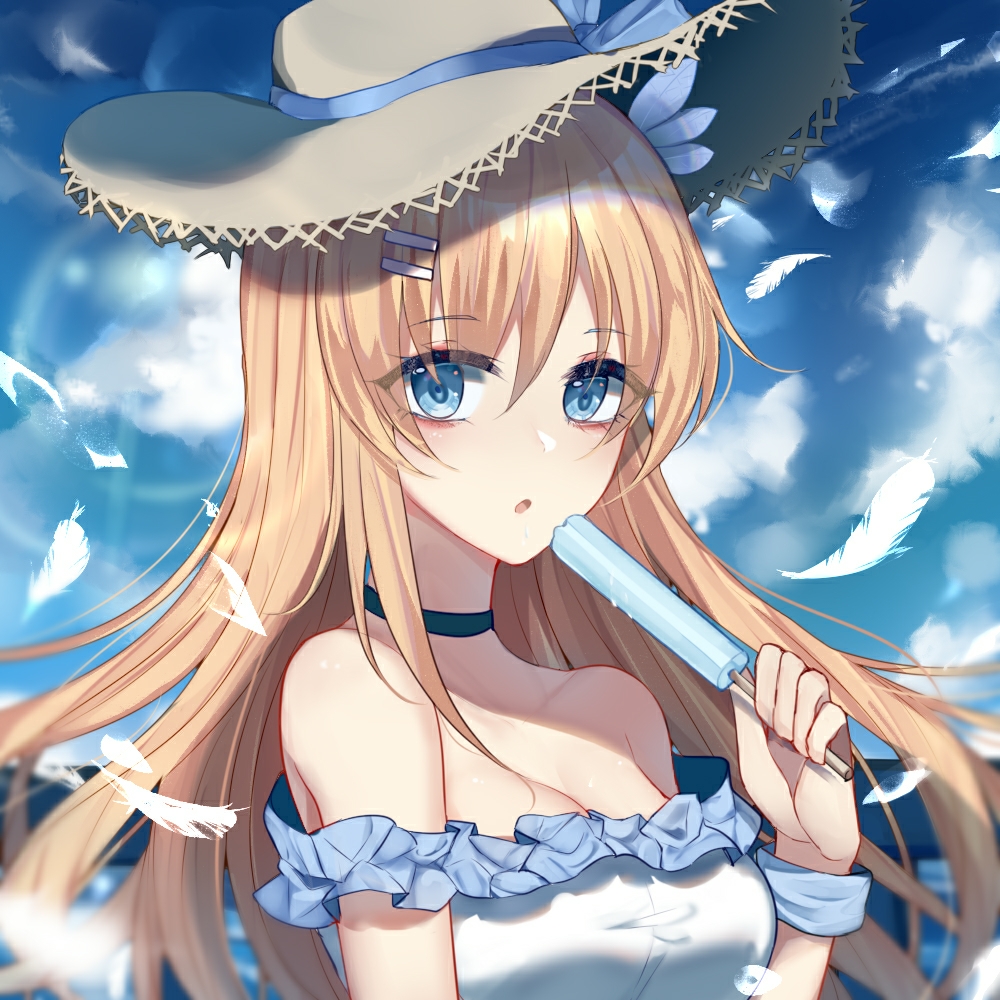 1girl 3874384829 barrette blonde_hair blue_choker blue_eyes blue_ribbon breasts choker dress eyebrows_visible_through_hair feathers food hair_ribbon hat hat_ribbon holding holding_food ice_cream long_hair looking_at_viewer medium_breasts open_eyes open_mouth ribbon saratoga_(warship_girls_r) solo sun_hat warship_girls_r white_dress