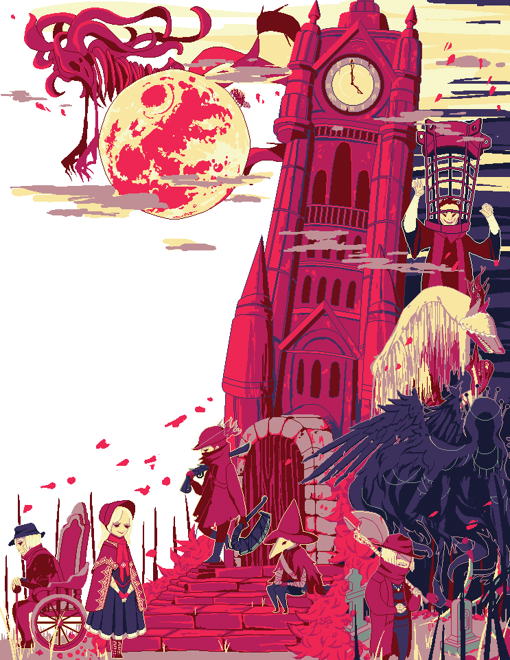 2girls 4boys antlers arms_up axe bandaged_arm bandages bandages_over_eyes black_dress black_footwear black_hair black_headwear black_pants black_wings blood bloodborne bonnet cage cane claws cloak clock clock_tower cloud coat cravat dress dual_wielding eileen_the_crow english_commentary father_gascoigne flying full_moon gehrman_the_first_hunter gun gyoguts hat holding holding_axe holding_gun holding_weapon horns hunter_(bloodborne) long_coat long_hair long_sleeves looking_away mergo's_wet_nurse micolash_host_of_the_nightmare monster moon moon_presence multiple_boys multiple_girls old_man over_shoulder pants pixel_art plague_doctor_mask plain_doll red_theme saw_cleaver scarf short_hair sitting smile stairs teeth tentacles tombstone tower tricorne vicar_amelia walking weapon wheelchair white_hair wide_sleeves wings