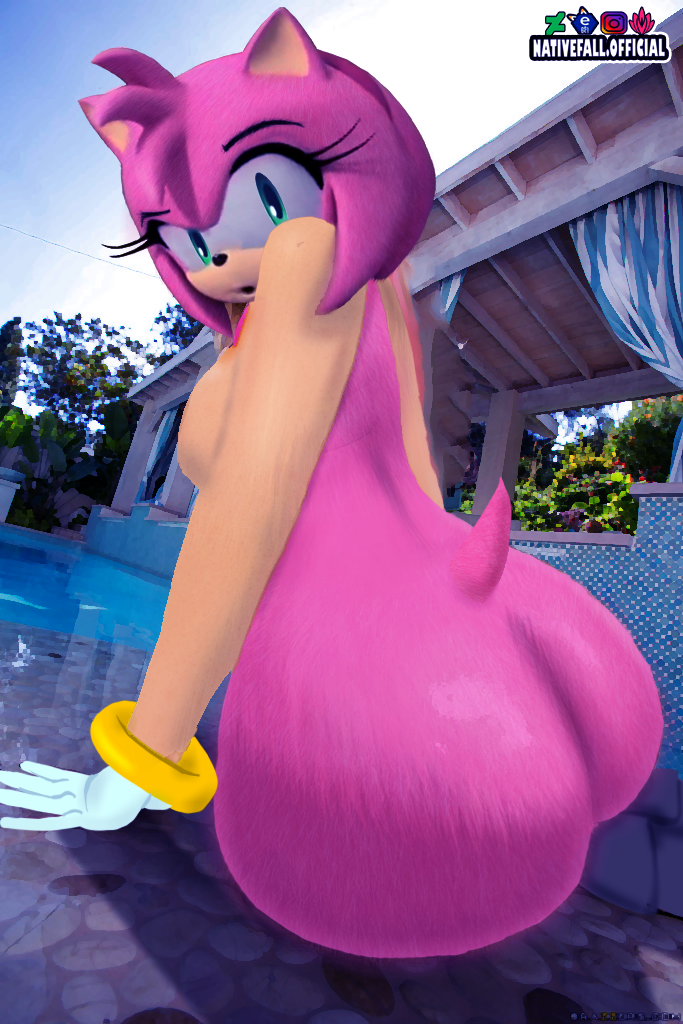 amy_rose anthro big_breasts blush breasts butt confusion edit eulipotyphlan female female/female fur green_eyes hair hedgehog looking_at_viewer mammal nativefall nipples nude open_mouth photo_manipulation photomorph pink_body sega simple_background solo sonic_the_hedgehog_(series) thick_thighs video_games