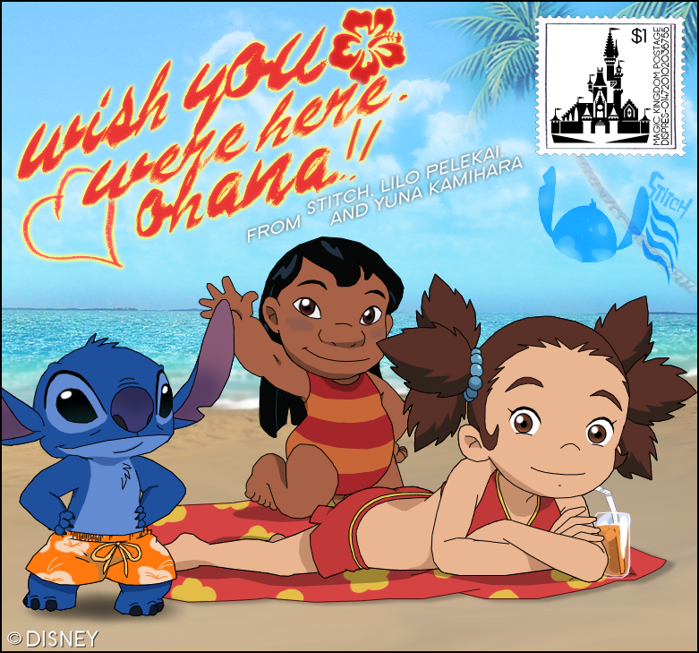 2012 alien beach black_border black_eyes blue_nose border bottomwear brown_eyes chest_tuft child claws clothing cup dark_skin disney english_text experiment_(lilo_and_stitch) eyelashes female fingers hair haisai-dbarenzu head_tuft human lilo_and_stitch lilo_pelekai male mammal notched_ear pigtails sand seaside semi-anthro shorts stitch! stitch_(lilo_and_stitch) swimwear text toe_claws towel tuft water young yuna_kamihara