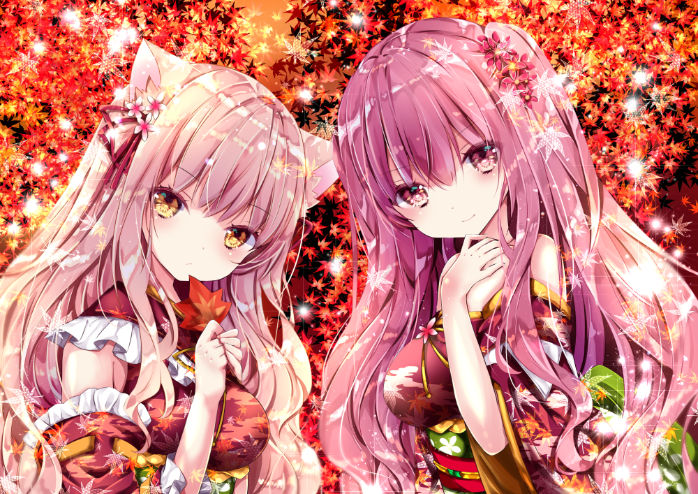 2girls animal_ears autumn blush brown_hair leaves long_hair nanase_nao original purple_eyes purple_hair yellow_eyes