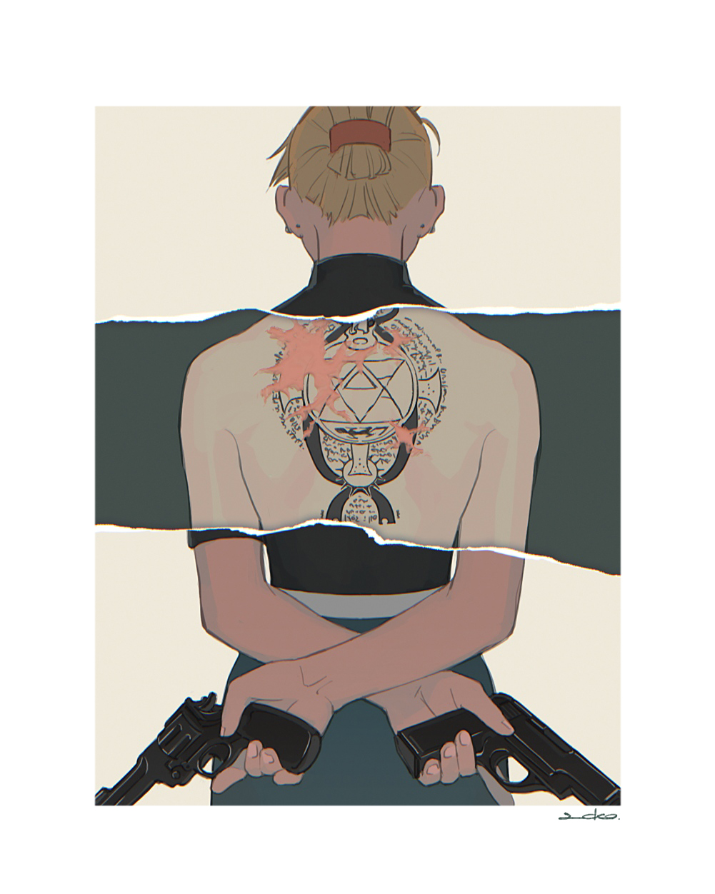 1girl 2cko arms_behind_back back back_tattoo blonde_hair border dual_wielding earrings folded_ponytail from_behind fullmetal_alchemist gun handgun highres holding holding_gun holding_weapon jewelry page_tear pistol revealing_cutout revolver riza_hawkeye scar short_hair signature solo tattoo trigger_discipline turtleneck updo weapon white_border