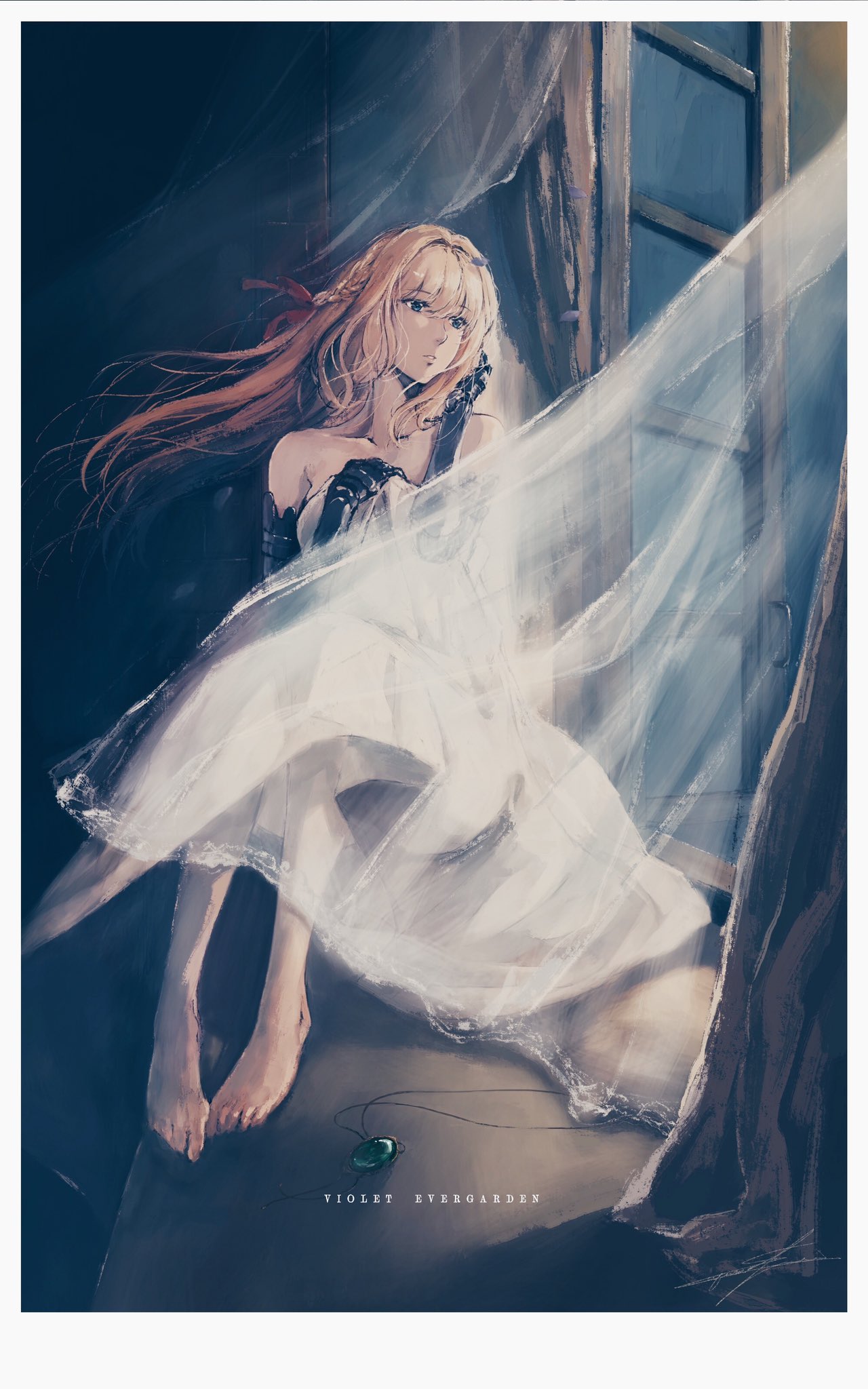barefoot blonde_hair blue_eyes braid brooch curtains dress faux_traditional_media floating_hair hair_intakes hand_in_hair highres jewelry mechanical_arms mechanical_hands petals prosthesis prosthetic_arm prosthetic_hand red_ribbon ribbon strapless strapless_dress sugina_miki violet_evergarden violet_evergarden_(character) white_dress wind window
