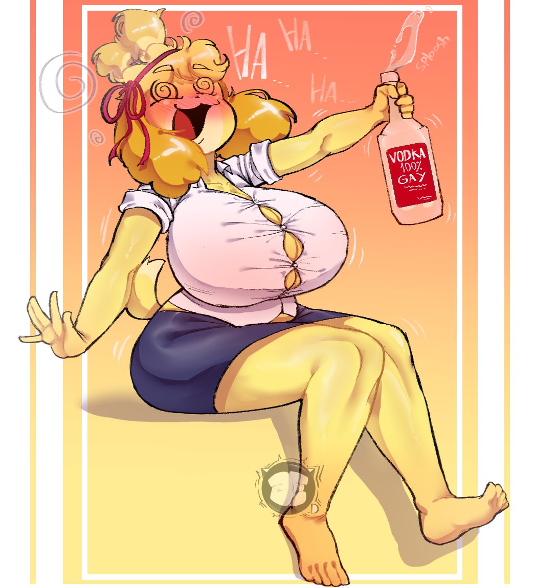 2020 5_fingers alcohol animal_crossing anthro barefoot beverage big_breasts blonde_hair blush bottomwear breasts canid canine canis cleavage clothed clothing domestic_dog dress_shirt drunk female fingers floppy_ears fur hair holding_beverage holding_object huge_breasts isabelle_(animal_crossing) laugh mammal nintendo open_mouth shih_tzu shirt sitting skirt smile solo spiral_eyes substance_intoxication text tight_clothing tongue topwear toy_dog video_games yellow_body yellow_fur ze_blackball.d