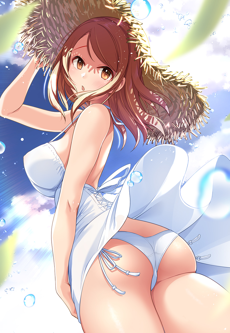 1girl :o adjusting_clothes adjusting_hat arm_up ass bangs bare_arms bare_back blue_sky breasts bubble cloud covered_nipples cross-laced_clothes dress hat highres houjou_karen idolmaster idolmaster_cinderella_girls leaf light_smile long_hair looking_at_viewer looking_back mk_(mod0) open_mouth orange_eyes orange_hair outdoors panties side-tie_panties sideboob sky sleeveless sleeveless_dress solo straw_hat sundress thighs underwear white_dress white_panties wind wind_lift