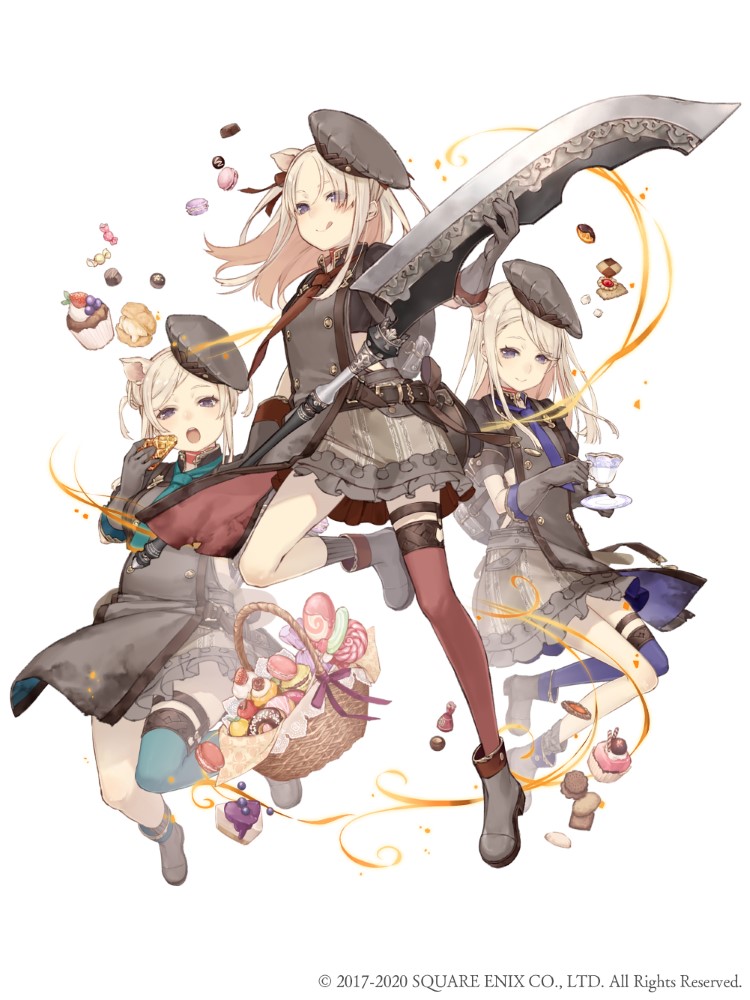 3girls animal_ears apron basket belt belt_pouch blonde_hair cake candy chocolate cupcake doughnut eyebrows_visible_through_hair eyes_visible_through_hair food frills full_body gloves grey_gloves hat holding holding_sword holding_weapon ji_no licking_lips lollipop long_hair looking_at_viewer macaron multiple_girls official_art pig_ears plump pouch purple_eyes single_thighhigh sinoalice skinny smile square_enix sword thighhighs three_little_pigs_(sinoalice) tongue tongue_out weapon white_background