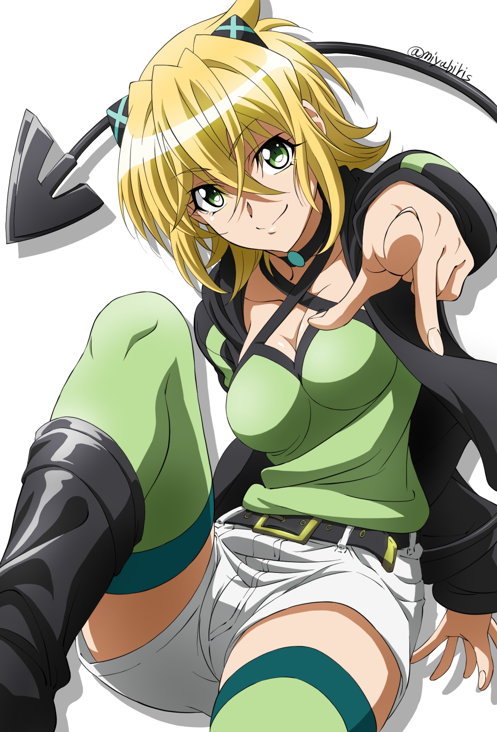 1girl akatsuki_kirika black_hoodie blonde_hair boots breasts demon_tail green_eyes green_legwear hair_ornament highres hood hoodie looking_at_viewer medium_breasts miyabi_mt-b pointing pointing_at_viewer senki_zesshou_symphogear senki_zesshou_symphogear_xd_unlimited shiny shiny_hair shiny_skin short_hair shorts simple_background smile solo tail thighhighs white_background white_shorts x_hair_ornament