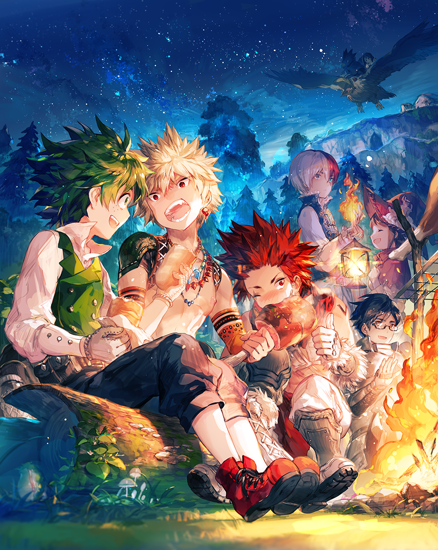 6+boys bakugou_katsuki bird boku_no_hero_academia fire green_hair iida_tenya jewelry kirishima_eijirou male_focus midoriya_izuku multiple_boys necklace night night_sky one_eye_closed red_footwear red_hair roasting scorpion5050 sky star_(sky) starry_sky thumbs_up todoroki_shouto topless_male uraraka_ochako