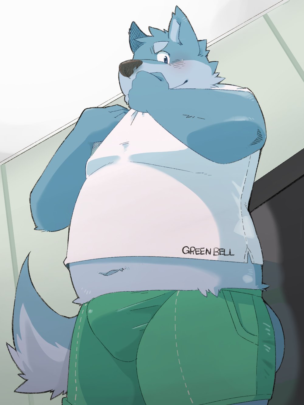 2020 anthro belly blush bottomwear bulge canid canine canis clothing domestic_dog green_bell hi_res inakamichi kemono male mammal navel overweight overweight_anthro overweight_male shirt shorts solo topwear