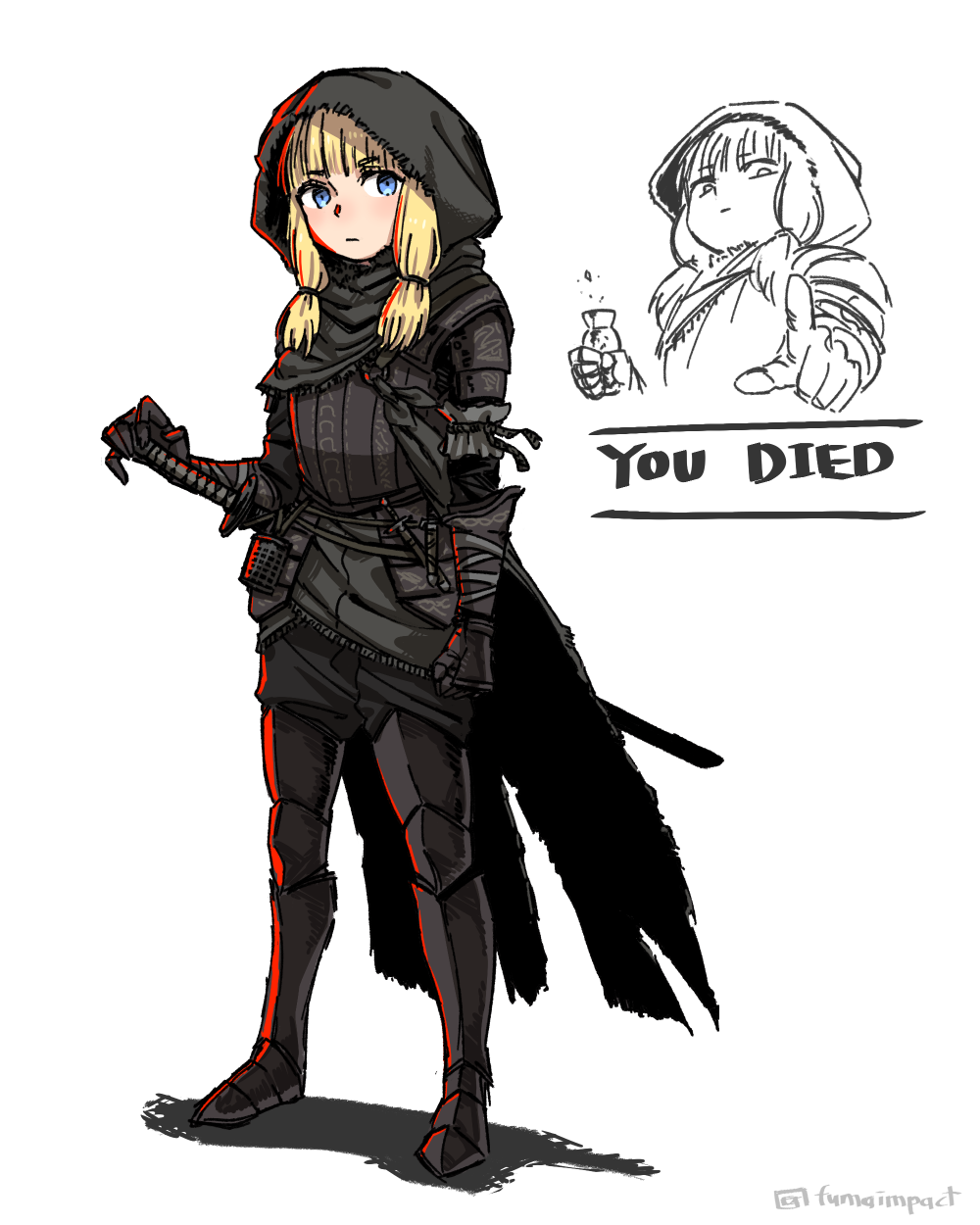 1girl armor bangs black_cloak blonde_hair blue_eyes blunt_bangs blush bottle breastplate cloak closed_mouth dark_souls dark_souls_iii english_text estus_flask eyebrows_visible_through_hair fumafu gauntlets glass_bottle greaves highres holding holding_bottle hood hood_up katana knife light_blush medium_hair pauldrons pointing scabbard sheath sheathed shoulder_armor simple_background sketch solo souls_(from_software) standing sword torn_cloak torn_clothes twitter_username vambraces weapon white_background you_died