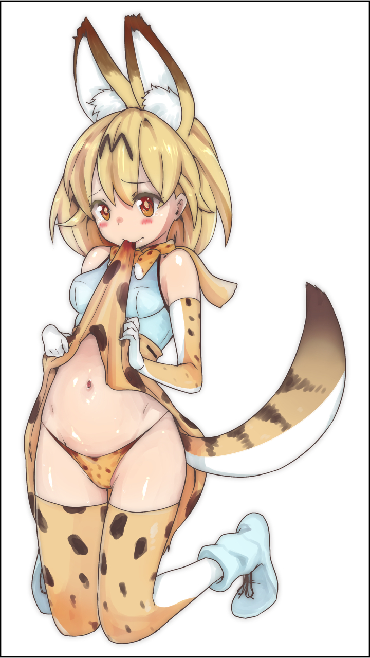 1girl animal_ear_fluff animal_ears ankle_boots bangs black_border blonde_hair blush boots border bow bowtie breasts closed_mouth commentary_request elbow_gloves extra_ears full_body gloves high-waist_skirt highres kemono_friends kneeling lifted_by_self looking_at_viewer medium_hair mimic_(ryon733) mouth_hold navel orange_eyes orange_gloves orange_legwear orange_neckwear orange_panties orange_skirt panties print_bow print_gloves print_legwear print_neckwear print_panties print_skirt serval_(kemono_friends) serval_ears serval_print serval_tail shiny shiny_skin shirt skindentation skirt skirt_in_mouth skirt_lift sleeveless sleeveless_shirt small_breasts solo striped_tail tail tearing_up thigh_gap underwear white_background white_footwear white_shirt