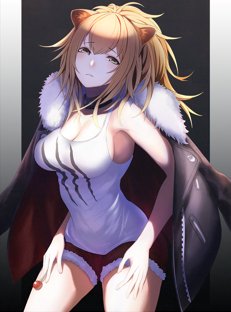 1girl animal_ears arknights bangs black_collar black_jacket blonde_hair breasts brown_eyes candy cleavage collar commentary_request cowboy_shot eyebrows_visible_through_hair food fur-trimmed_jacket fur_trim gugugu hair_between_eyes holding holding_food jacket jacket_on_shoulders large_breasts lion_ears lollipop long_hair looking_at_viewer partial_commentary short_shorts shorts siege_(arknights) solo standing tank_top thighs white_tank_top
