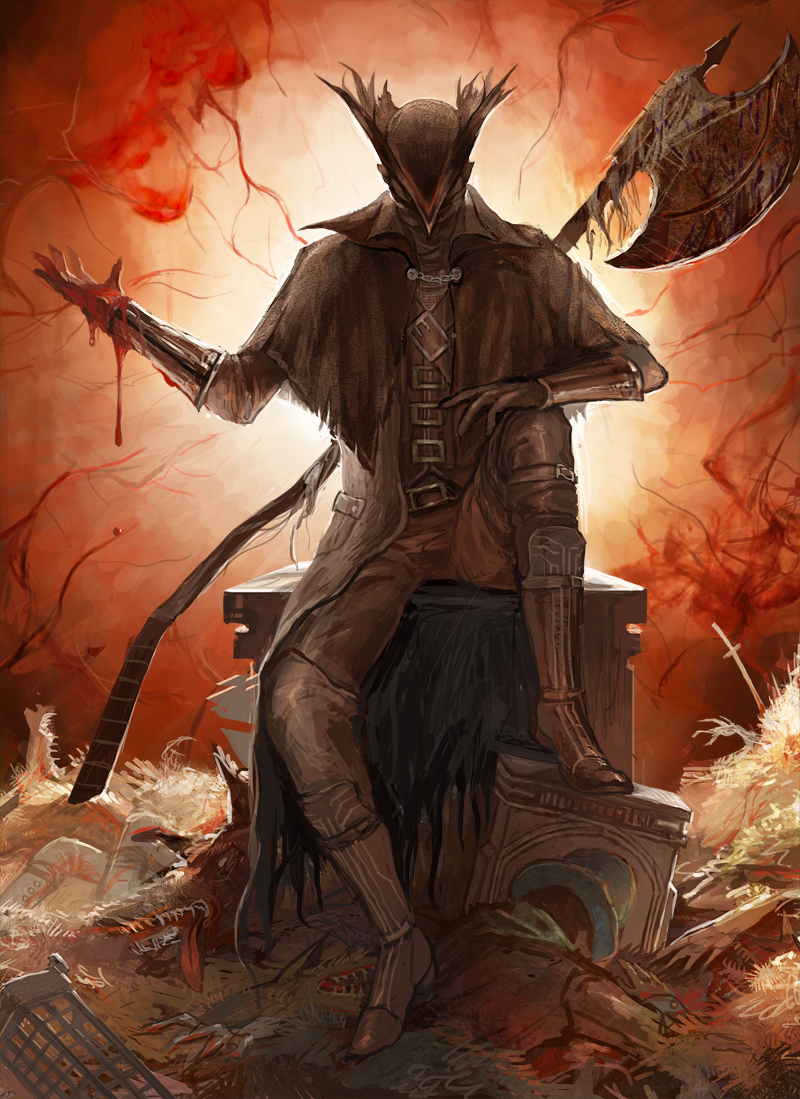 1boy axe black_capelet black_footwear black_headwear blood bloodborne bloody_hands bloody_weapon boots brown_coat brown_gloves brown_pants capelet coat commentary_request corpse death dripping facing_viewer full_body gloves hand_on_own_knee hand_up hat hat_over_eyes hunter_(bloodborne) knee_boots long_coat long_sleeves maddoze male_focus pants planted_sword planted_weapon red_background sitting solo sword tricorne vambraces weapon weapon_on_back